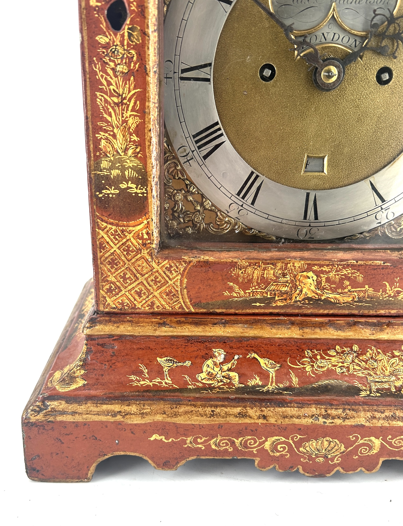 Outstanding Red Chinoiserie English Verge Twin Fusee Bracket Clock – Ca 1760 twin fusee Antique Clocks 8